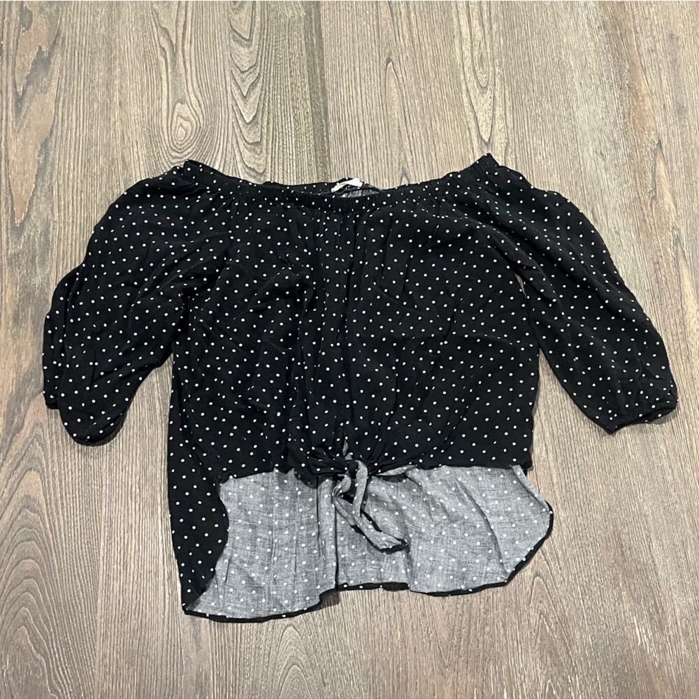 Soprano Womens Blouse Off Shoulder Polka Dot 3/4 Puff Sleeve Black White Size M